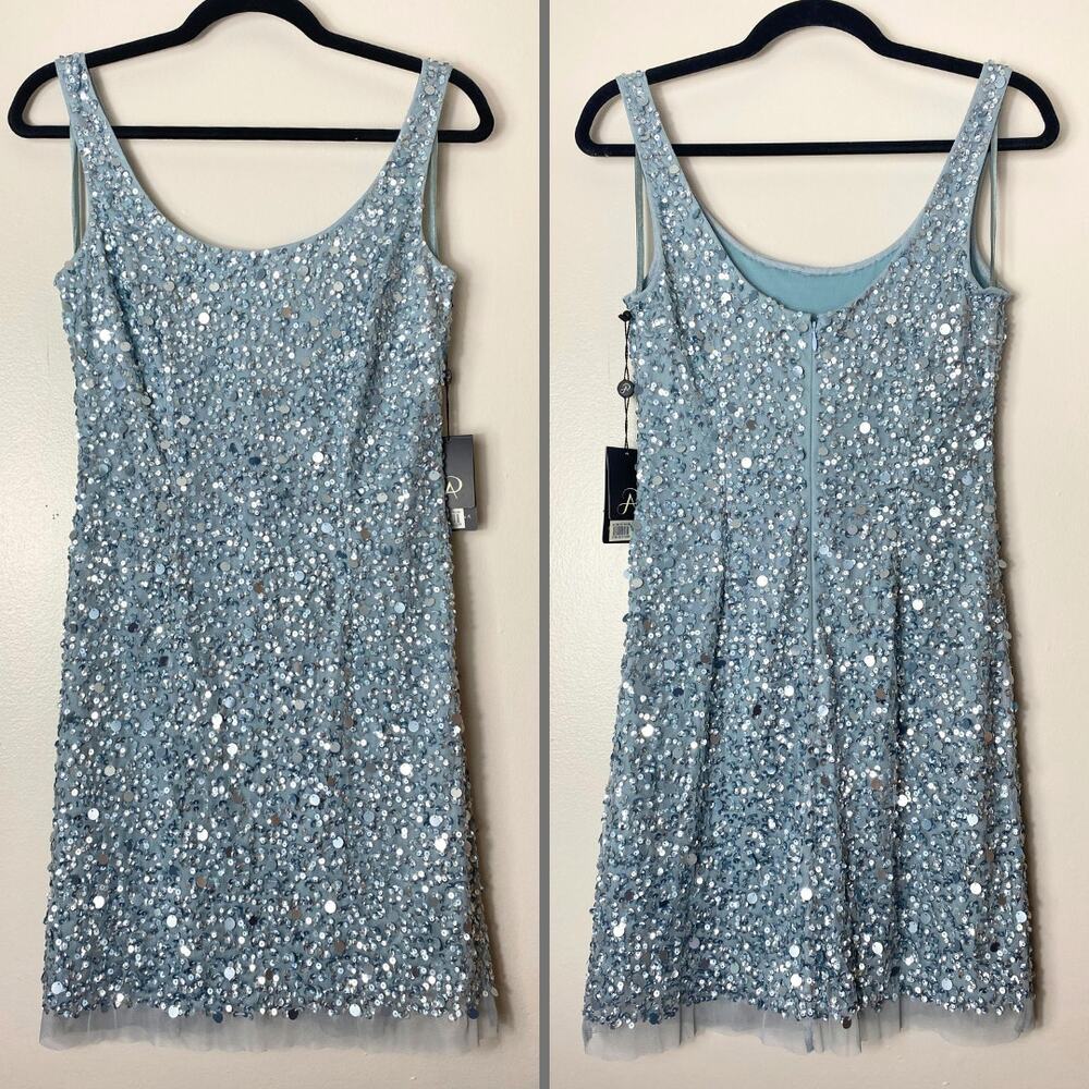 ADRIANNA PAPELL DRESS 4 COCKTAIL SEQUIN BEADED ICE BLUE SHEATH SHORT MINI MESH